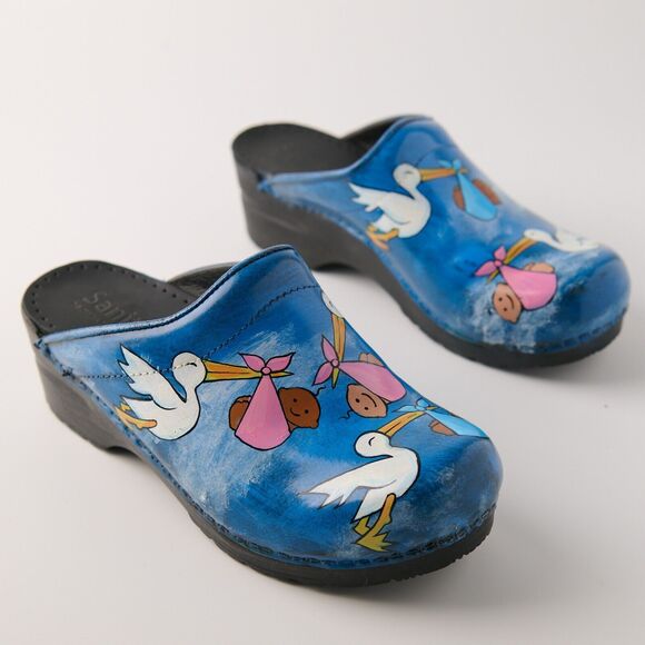 Sanita Hand Painted Stork Baby Clogs Sz 37 EU Nurse RN Midwife Shoes Denmark - Picture 14 of 15